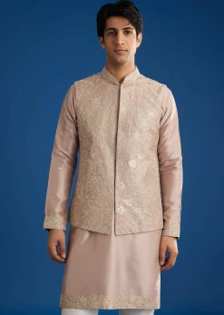Pink Rawsilk Jacket Kurta Set With Zari Sequins And Cut Dana