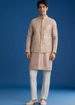 Pink Rawsilk Jacket Kurta Set With Zari Sequins And Cut Dana