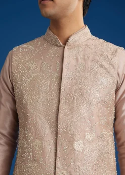 Pink Rawsilk Jacket Kurta Set With Zari Sequins And Cut Dana