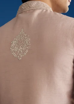 Pink Rawsilk Jacket Kurta Set With Zari Sequins And Cut Dana