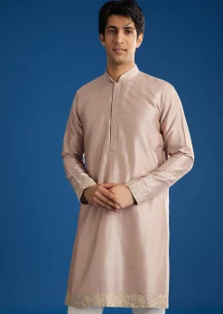 Pink Rawsilk Jacket Kurta Set With Zari Sequins And Cut Dana