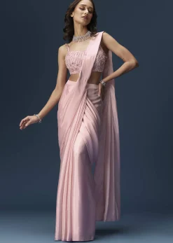 Pink Ready Pleated Saree With Embroidered Blouse