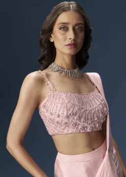 Pink Ready Pleated Saree With Embroidered Blouse