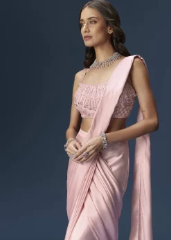 Pink Ready Pleated Saree With Embroidered Blouse