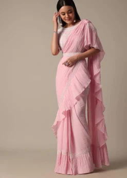 Pink Readymade Frill Saree With Heavy Bead Work Blouse