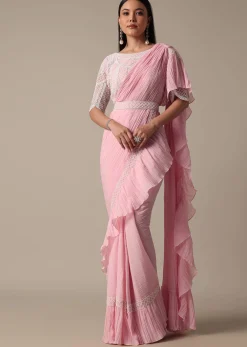 Pink Readymade Frill Saree With Heavy Bead Work Blouse