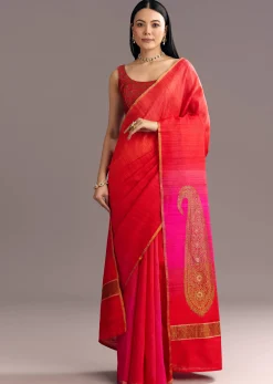 Pink Red Kora Silk Handloom Saree With Woven Traditional Motif
