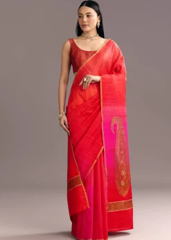 Pink Red Kora Silk Handloom Saree With Woven Traditional Motif