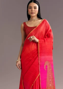 Pink Red Kora Silk Handloom Saree With Woven Traditional Motif