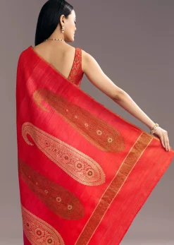 Pink Red Kora Silk Handloom Saree With Woven Traditional Motif