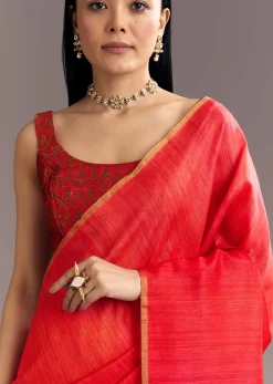 Pink Red Kora Silk Handloom Saree With Woven Traditional Motif