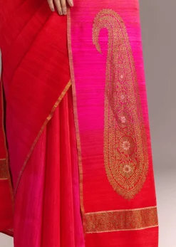 Pink Red Kora Silk Handloom Saree With Woven Traditional Motif
