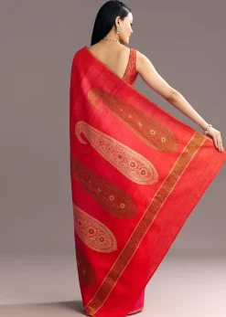 Pink Red Kora Silk Handloom Saree With Woven Traditional Motif