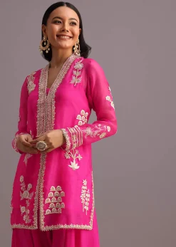 Pink Resham Work Kurti Palazzo Suit