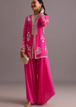 Pink Resham Work Kurti Palazzo Suit