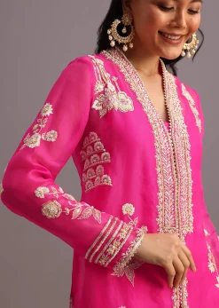 Pink Resham Work Kurti Palazzo Suit