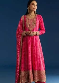 Pink Russian Silk Bandhani Anarkali With Leheriya Dupatta