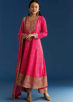 Pink Russian Silk Bandhani Anarkali With Leheriya Dupatta