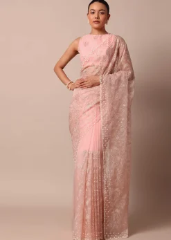 Pink Saree In Organza Silk With Chikankari Floral Work And Unstitched Blouse Fabric