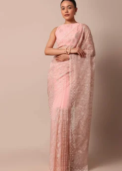 Pink Saree In Organza Silk With Chikankari Floral Work And Unstitched Blouse Fabric