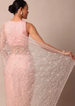 Pink Saree In Organza Silk With Chikankari Floral Work And Unstitched Blouse Fabric