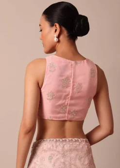 Pink Saree In Organza Silk With Chikankari Floral Work And Unstitched Blouse Fabric