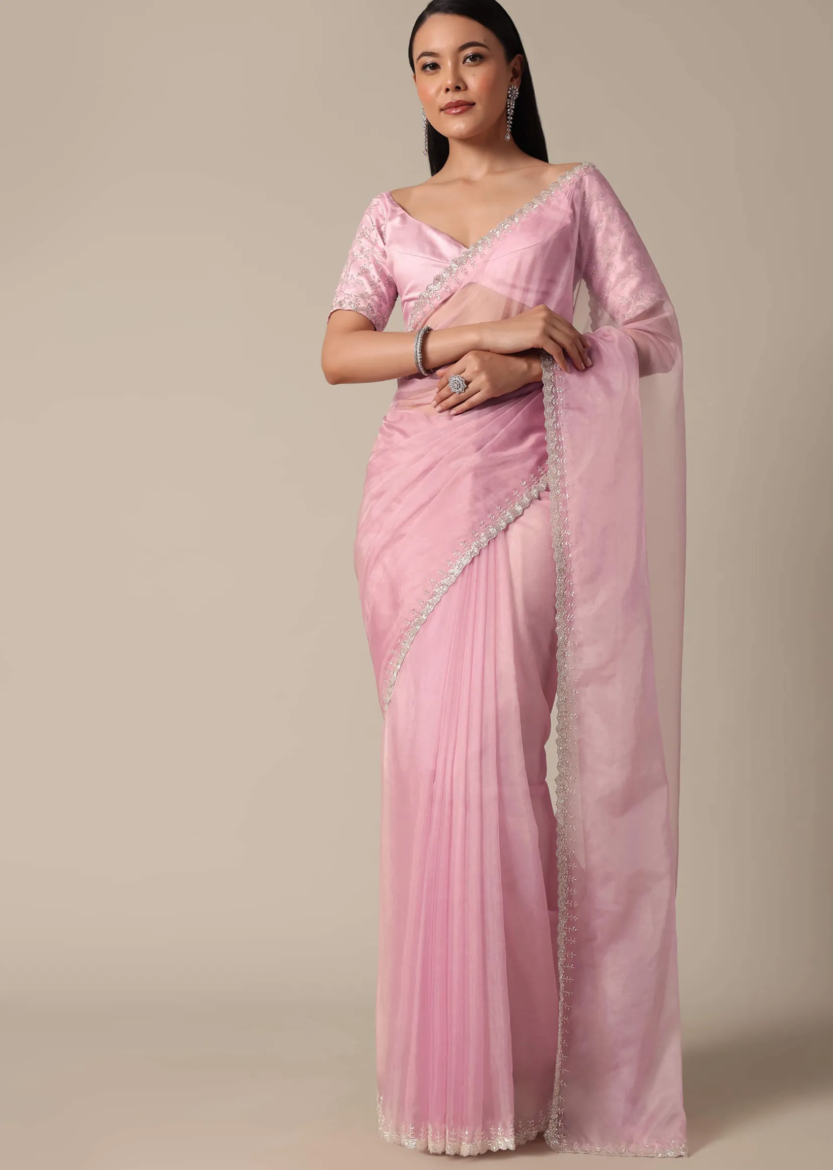Pink Saree With Cut Dana Embellished Border Work