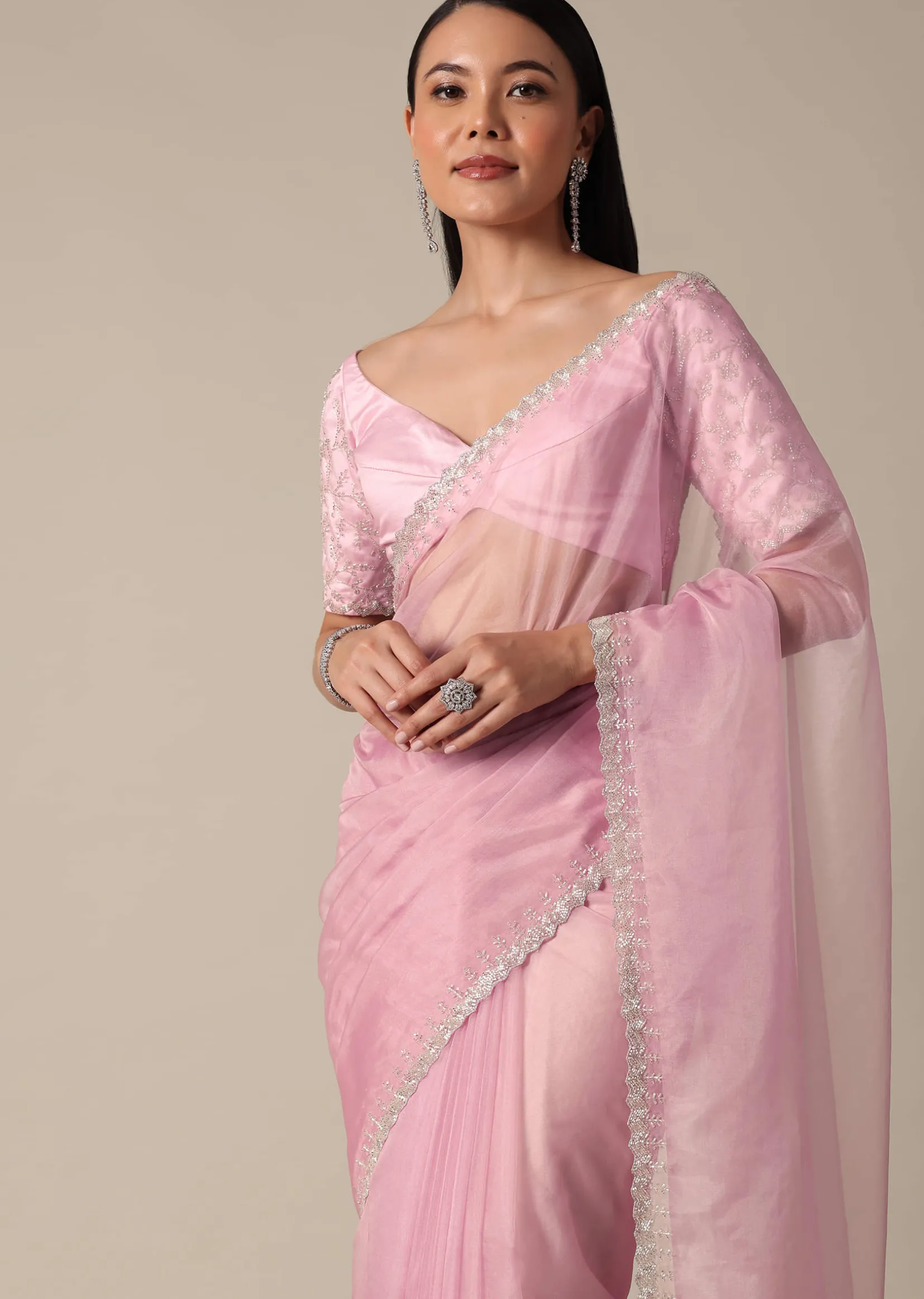Pink Saree With Cut Dana Embellished Border Work