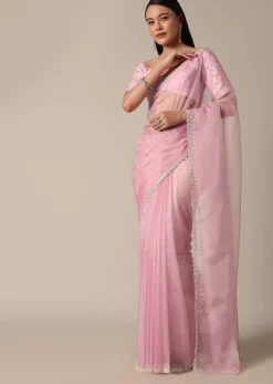 Pink Saree With Cut Dana Embellished Border Work
