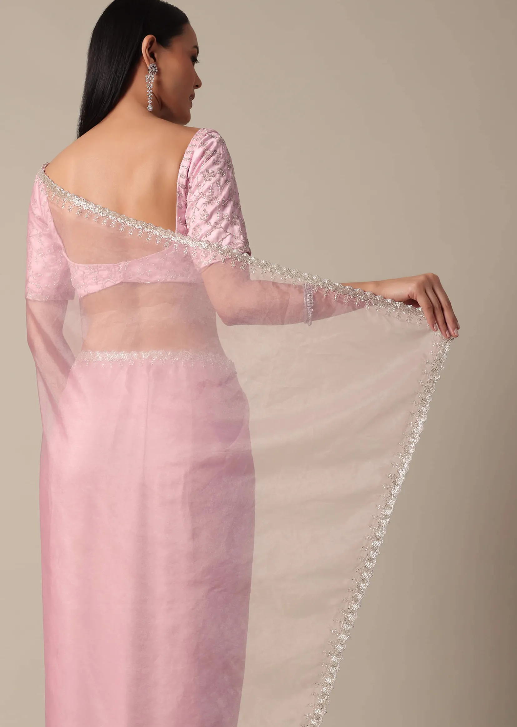 Pink Saree With Cut Dana Embellished Border Work