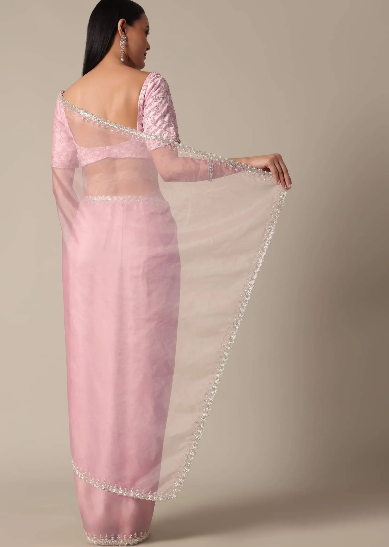Pink Saree With Cut Dana Embellished Border Work