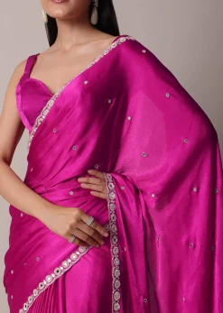 Pink Satin Chinon Saree With Floral Motif Scallop Border And Unstitched Blouse Piece