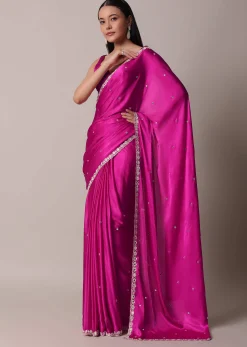 Pink Satin Chinon Saree With Floral Motif Scallop Border And Unstitched Blouse Piece
