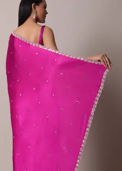 Pink Satin Chinon Saree With Floral Motif Scallop Border And Unstitched Blouse Piece