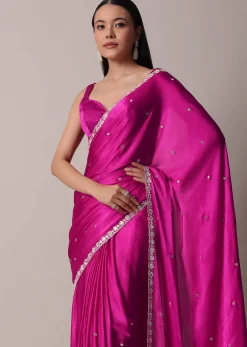 Pink Satin Chinon Saree With Floral Motif Scallop Border And Unstitched Blouse Piece