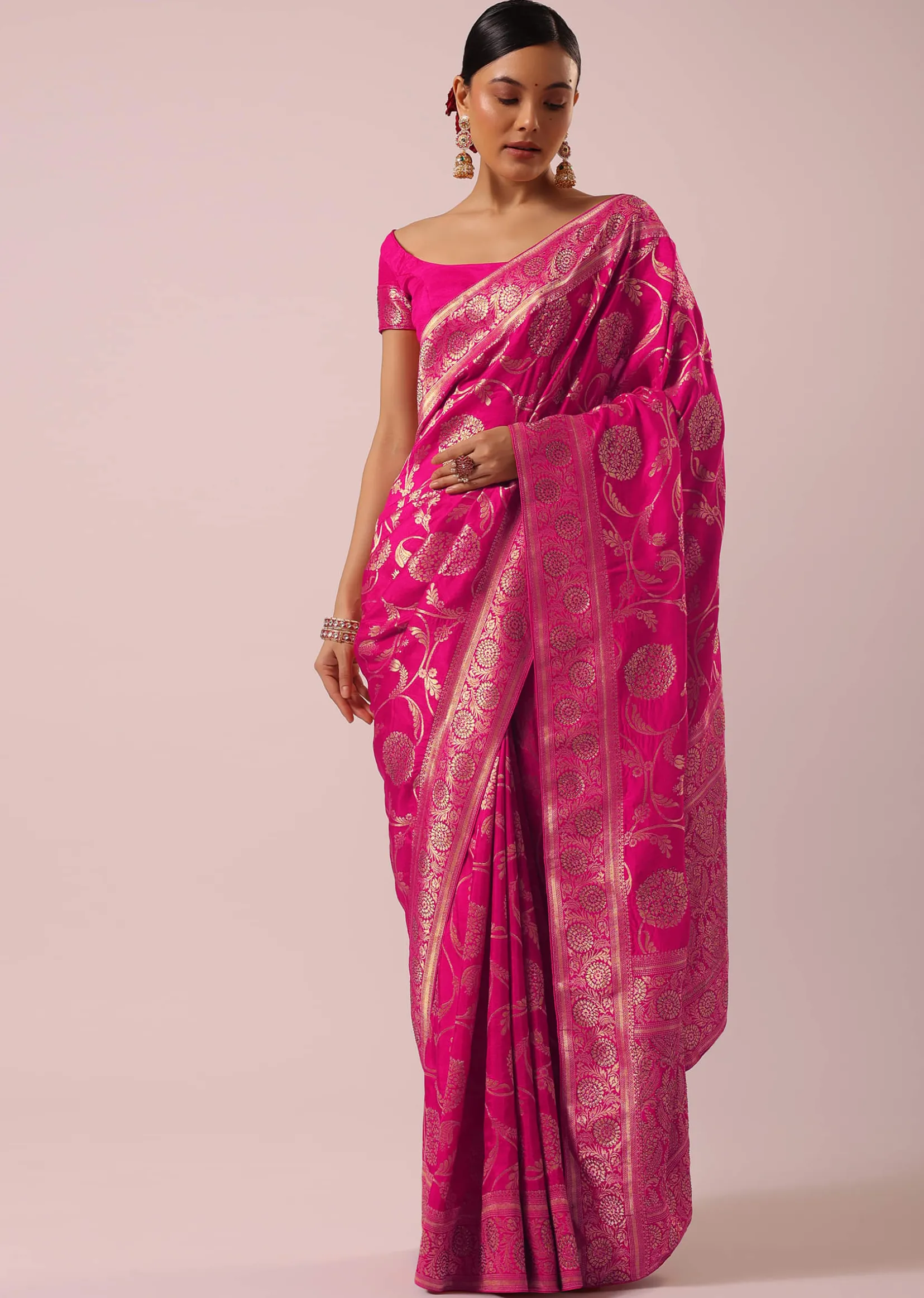 Pink Satin Organza Saree With Floral Jaal Weave