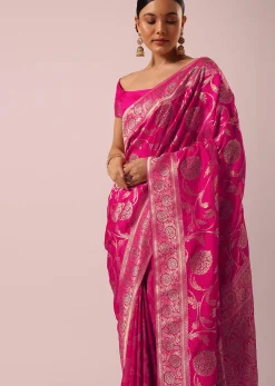 Pink Satin Organza Saree With Floral Jaal Weave