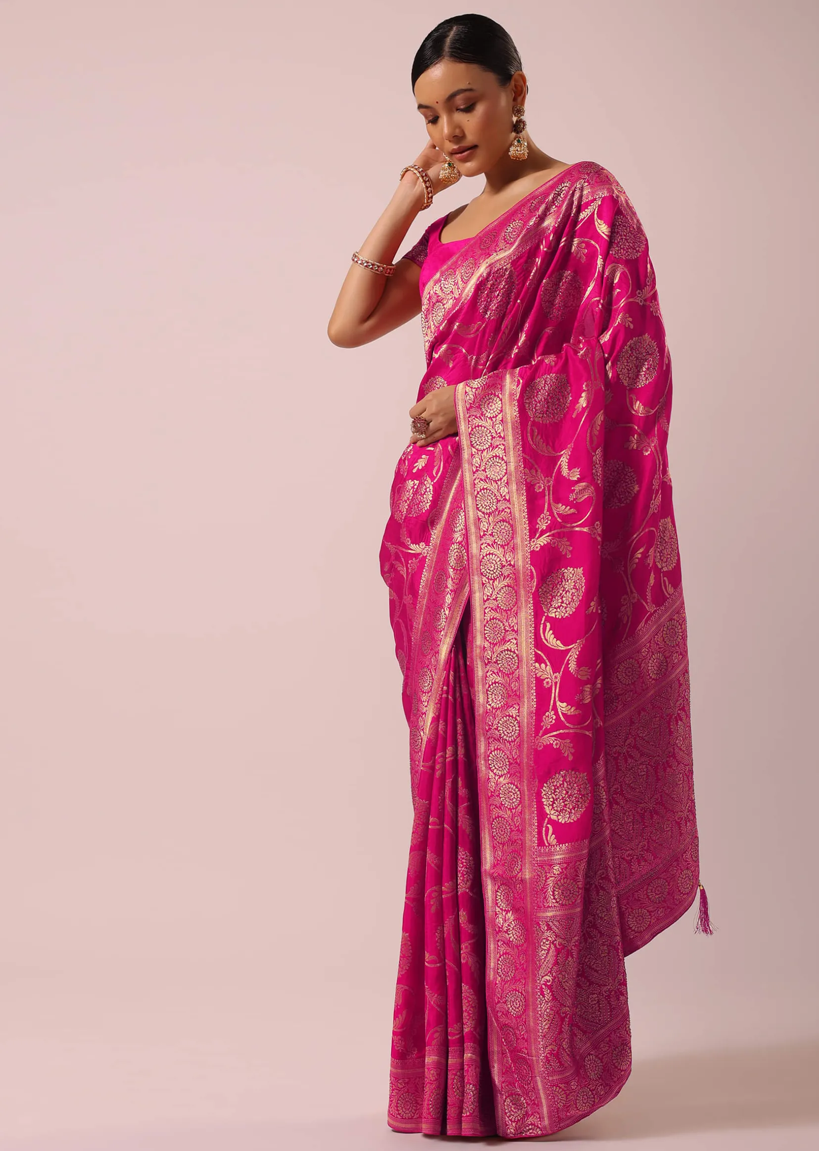 Pink Satin Organza Saree With Floral Jaal Weave