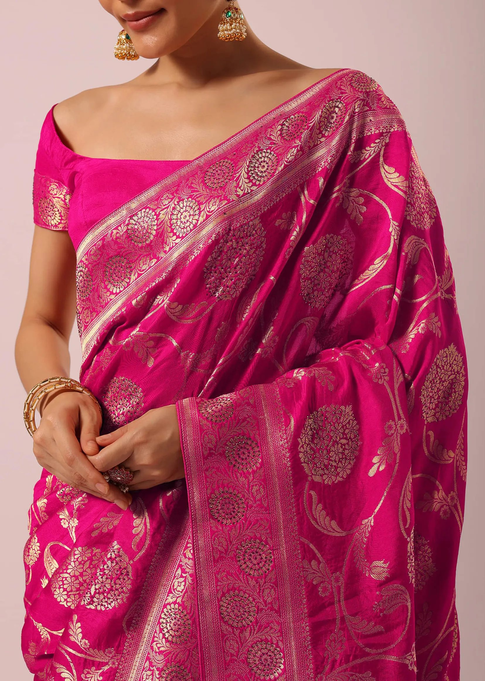 Pink Satin Organza Saree With Floral Jaal Weave