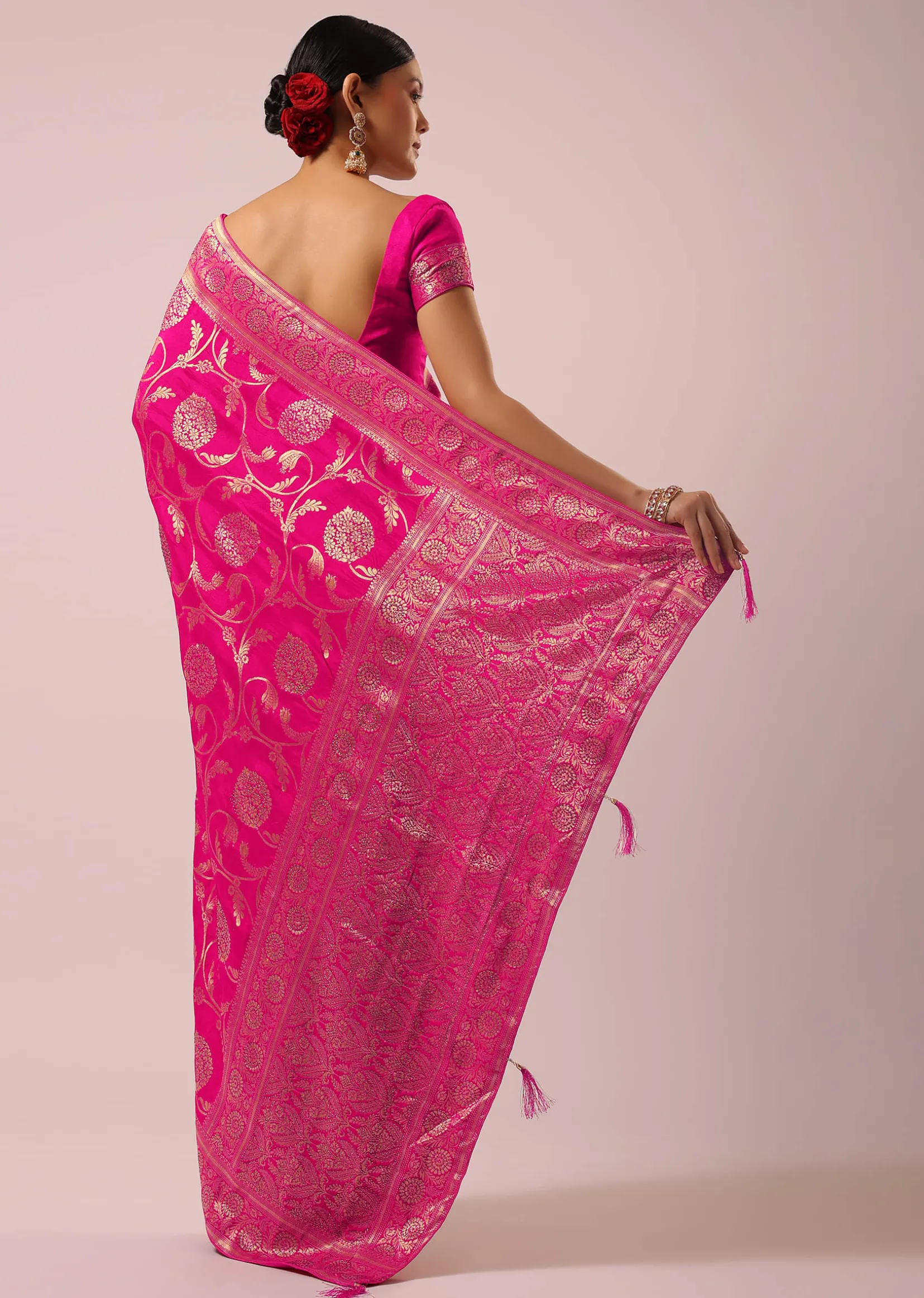 Pink Satin Organza Saree With Floral Jaal Weave