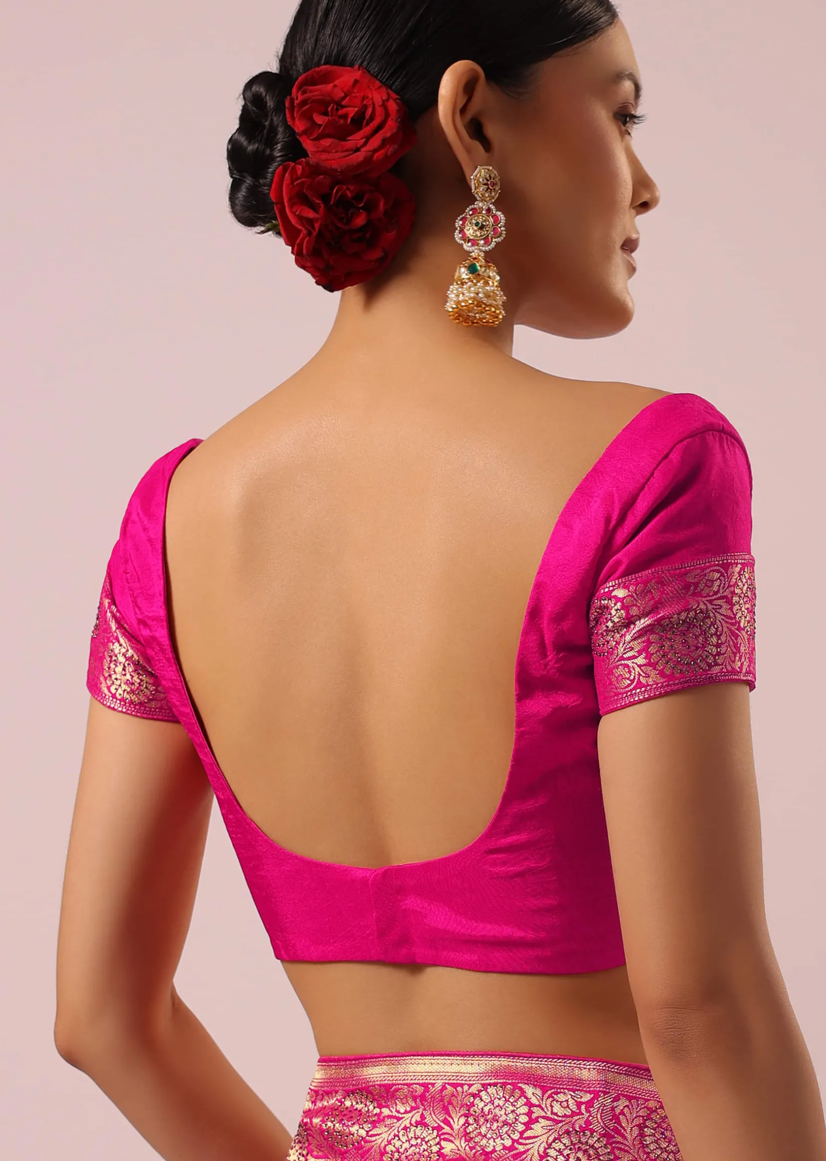 Pink Satin Organza Saree With Floral Jaal Weave