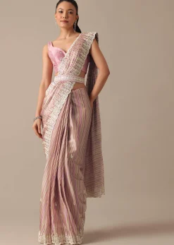 Pink Satin Saree With Belt And Unstitched Blouse Piece