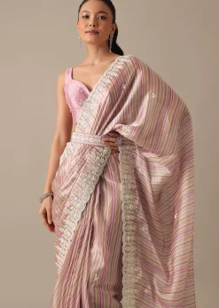 Pink Satin Saree With Belt And Unstitched Blouse Piece