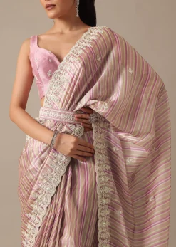 Pink Satin Saree With Belt And Unstitched Blouse Piece