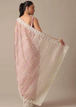 Pink Satin Saree With Belt And Unstitched Blouse Piece