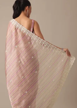 Pink Satin Saree With Belt And Unstitched Blouse Piece