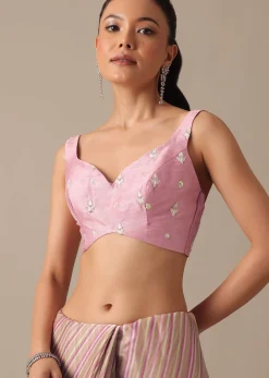 Pink Satin Saree With Belt And Unstitched Blouse Piece