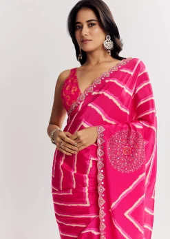 Pink Satin Saree With Gota And Mirror Embroidery