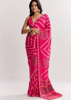 Pink Satin Saree With Gota And Mirror Embroidery