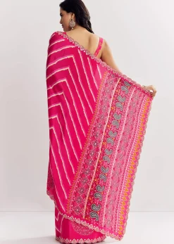 Pink Satin Saree With Gota And Mirror Embroidery